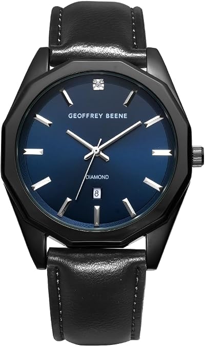 Geoffrey Beene Men's Silver Minimalist Vegan Leather Dress Watch, Genuine Diamond Accent Dial, Classic Quartz, Date, Elegant Design