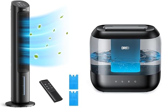 Dreo Tower Fans That Blow Cold Air with 80 Oscillating, Remote Control, 3 Modes 4-Speed Quiet Floor Fan and 4L Supersized Cool Mist Humidifier with Oil Diffuser and Nightlight