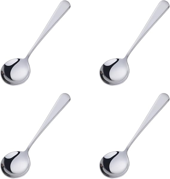 4-Piece Soup Spoons Set, Round Stainless Steel Bouillon Spoons, Dessert Spoons Use for Home, Kitchen or Restaurant, Black/6.3 Inch