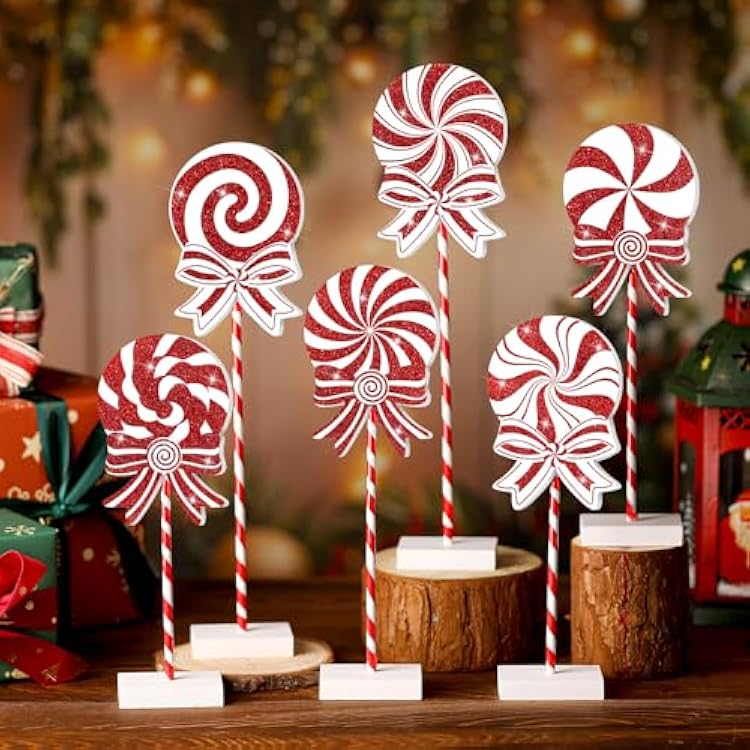 6 Pieces Christmas Candy Wooden Tabletop Decor Candy Cane Tall Standing Wood Block Xmas Cane Table Centerpiece Sign for Christmas Tiered Tray Home Desk OfficeGold Powder,Red and White