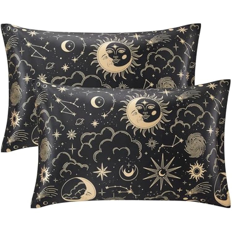 EXQ Home Satin Pillowcase for Hair and Skin - Black Printed Silk Pillowcase 2 Pack 20x26 inches - Standard Satin Pillow Cases Set of 2 with Envelope Closure, Gifts for Women Men