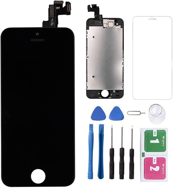 Compatible for iPhone 5S LCD Screen Replacement, LCD Display Screen Touch Digitizer, with Assembly Frame and Home Button, Front Camera, Proximity Sensor, Earpiece, Repair Kit Tempered Glass (Black)