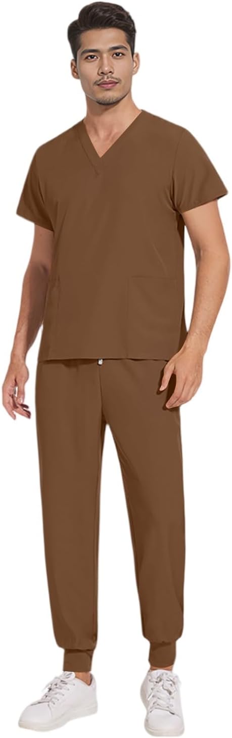 Scrubs for MenStretch V-Neck Scrub Tops and Jogger Pant Uniformes Anti-Wrinkle Material Mens Scrubs Set for Work
