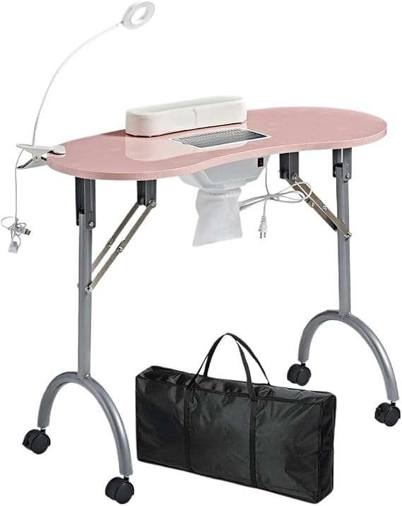 Portable Rolling Nail Table with Dust Collector,Drawer for Manicurists | Foldable Legs,Rolling Mute Wheels,Lamp,Armrest,Carry Bag
