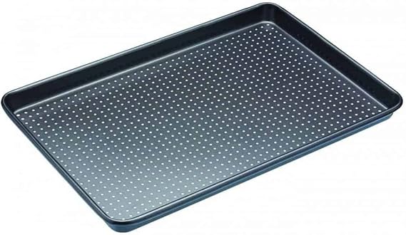 MasterClass Crusty Bake, Baking Tray with PTFE, PFOA and BPA Free Non Stick, Robust 1mm Thick Carbon Steel, Cookie Sheet, Perforated Holes for Ultimate Crisp, Ultra Double Layer, 39x27cm, Grey