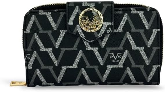 Louisiana Polo 19V69 İtalya Kadın Cüzdanı, Siyah Monogram Desen, 16x10x2 cm, 12 Kart Gözü, Bozuk ve Kağıt Para Bölmeli