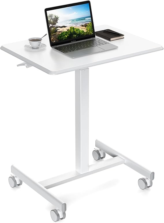 YSSOA Mobile Small Standing Desk - Rolling Desk with Adjustable Height and Lockable Wheels, Sit-Stand Laptop Table, Portable Computer Workstation, Cream White