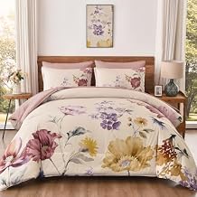 DJY 7 Pieces King Floral Comforter Set, Cream & Blush Botanical Bed in a Bag, Soft Microfiber Comforter and Sheet Set with Flower Leaves Pattern, Floral Bedding Set for All Season(104''x90'')
