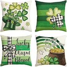 AVOIN colorlife Happy ST Patricks Day Lucky Charm Blessed Hat Clover Stripes Throw Pillow Covers, 18 x 18 Inch Buffalo Plaid Bow Shamrocks Decoration for Sofa Couch Set of 4