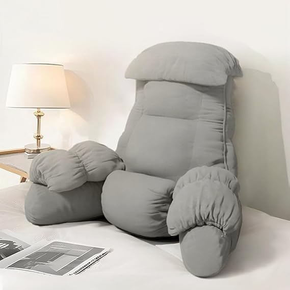 Backrest Reading Bed Rest Pillow with Arms - Removable Washable Cover, Back Support Wedge Cushion for Neck & Lumbar, Headboard Pillow for Bed Sitting Up, Floor Pillow (Brown, Medium)
