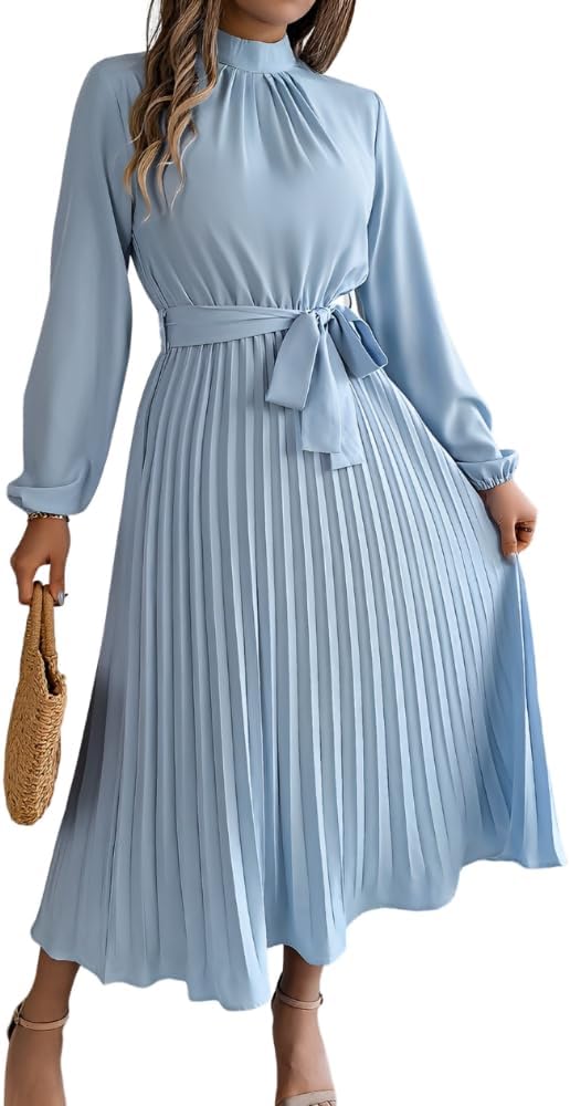 Womens Fall Mock Neck Long Sleeve Pleated Maxi Dress Elastic High Waist A Line Swing Flowy Elegant Dresses with Belt