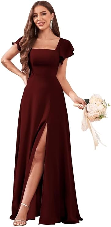 Bolodoo Women's Short Sleeve Bridesmaid Dresses for Wedding Empire Waist A Line Chiffon Long Formal Dresses with Slit