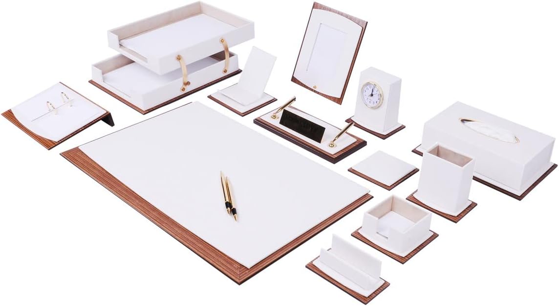 Lux Leather Desk Organizer Set Walnut Wood Combination -Office Desk Accessories - Desk Supplies - Leather Desk Set - Office Accessories - 14 PCS (White)