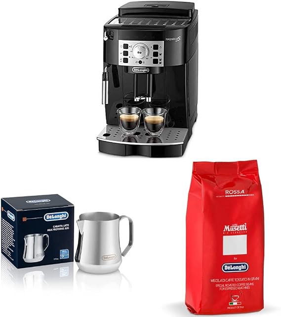 Set Purchase De’Longhi ECAM22112B Magnifica S, Fully Automatic Coffee Maker, Manual Milk Frother, Black & DLSC060 Stainless Steel Milk Jug 11.8 fl oz 350 ml, Silver & Musetti Rosso Coffee Beans