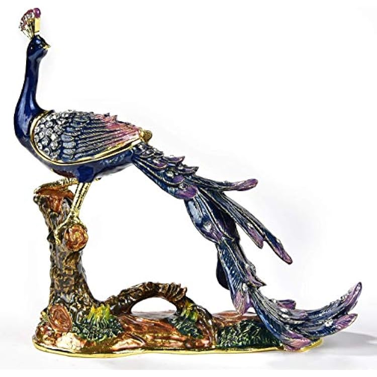 KALIFANO Peacock on Branch Jewelry BoxStash with Element Crystals and Gemstones Made for Storage and Organization - Handmade Earring, Necklace, and Ring Box Collectible Oranament