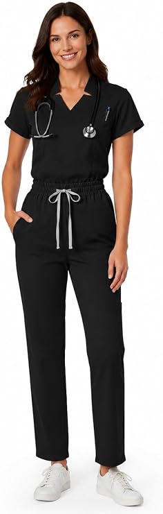 Medical Scrubs for Women Set with 9 Pockets, V-Neck Top & Straight Pants | Relaxed Drawstring Pants, Slim Fit Scrub Top, 9 Functional Pockets, Soft Breathable Stretchy Fabric for All-Day Comfort