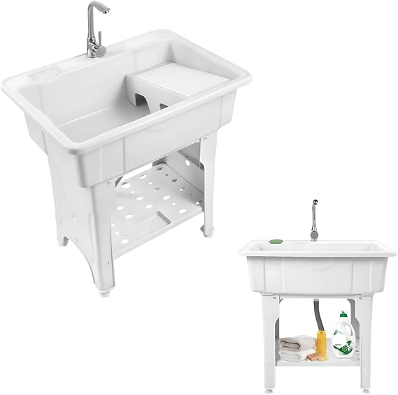 Utility Sink Laundry Tub, Freestanding Laundry Sink Outdoor Sink with 360 Hot & Cold Faucet and Valves Drain Pipe, Heavy Lavadero Duty Slop Sinks for Washing Room, Basement, Garage or Shop