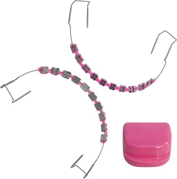 1 Pack Fake Braces, Temporary Tooth Decoration with Metal Wires, Metal Brackets and Orthodontic Ligature Ties, Suitable for Orthodontists to Explain, for Dental Students to Practice (Pink)
