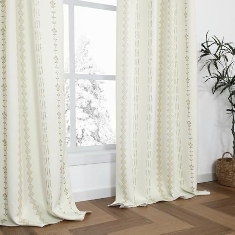 Neutral Tan Beige Country Farmhouse Curtains, Semi Blackout Boho Striped Floral Pattern Curtains for Bedroom Living Room, 84 Inches Long