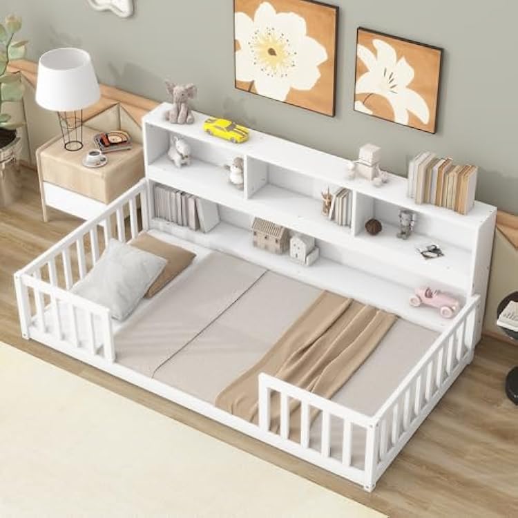 Twin Size Floor Bed with Bedside Bookcase and Shelves,Bed Frame WGuardrails Designed in an Opening,for Bedroom,Apartment,Guest Room,White