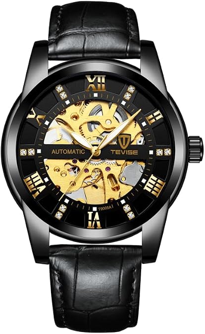 Luxury Automatic Mechanical Watch, Black Leather Band, Skeleton Dial with Gold Roman Numerals