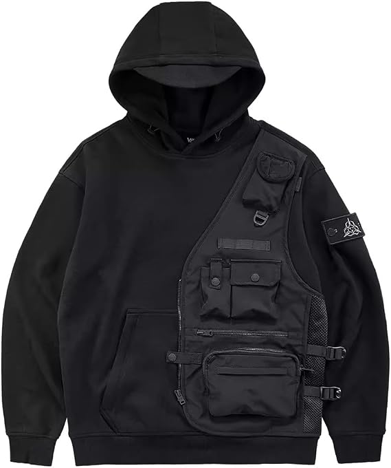 Black Techwear Hoodie Men Streetwear Cargo Techwear Patchwork Hoodies Spring Autumn Hoodie Male