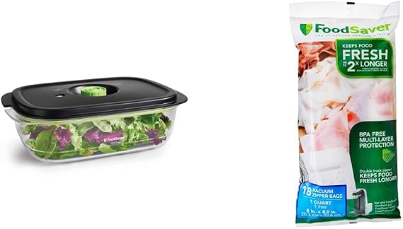 FOODSAVER 2129973 Preserve & Marinate 10 Cup Vacuum Seal -Container for Quick Marinating or Freezer and Pantry Storage, Clear & 1-Quart BPA-Free Multilayer Construction Vacuum Zipper Bags, 18 Count