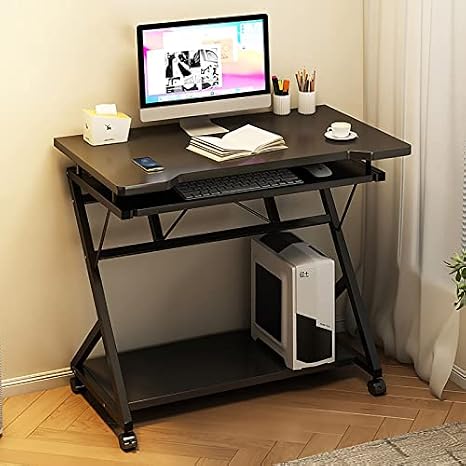 Portable Rolling Computer Desk with Wheels,Modern Simple Home Office Gaming Desk Study Table with Storage and Under Desk Keyboard Tray for Small Spaces, Brown,Black