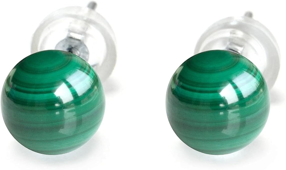 925 Sterling Silver Mineral Malachite Ball Studs Earrings for Women, 6 MM