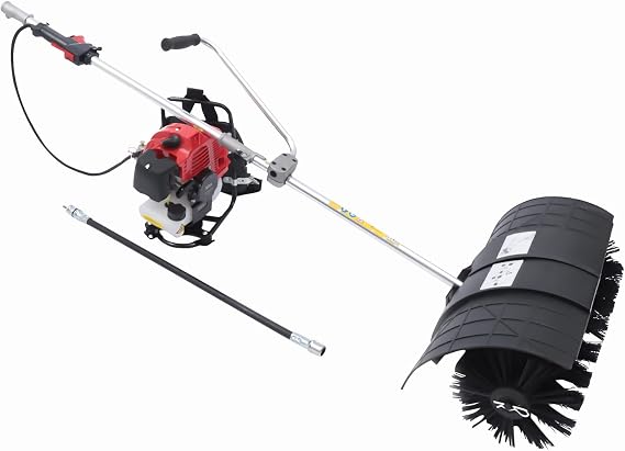 Gas Backpack Sweeper, 52Cc 2Stroke Petrol Powered Broom Driveway Turf Grass Cleaning Machine Hand Pull Start with Funnel & Goggles for Cleaning Driveway Turf Lawns Artificial Grass 1700W 200Rpm