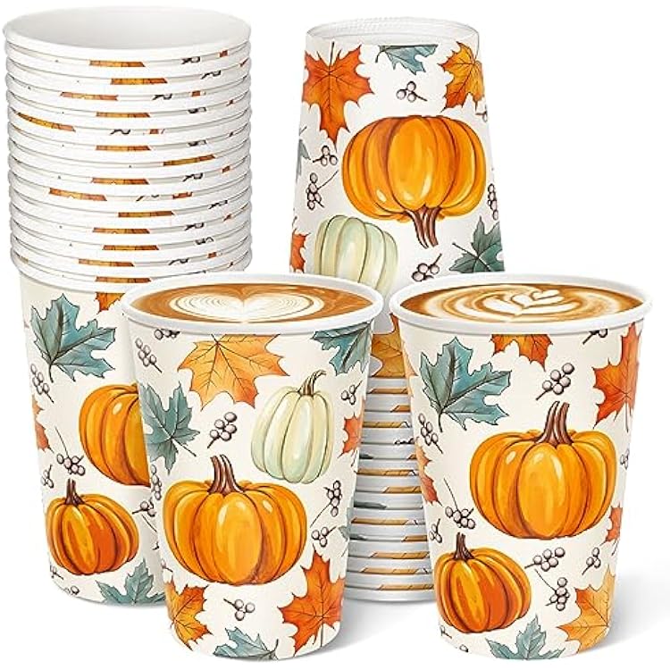 Thanksgiving Disposable Paper Cups 30 Pack, Pumpkin Maple Leaves Paper Cups, Fall Drinking Cups for Hot and Cold Beverages 12 Ounce, Thanksgiving Dinner Autumn Fall Party Supplies