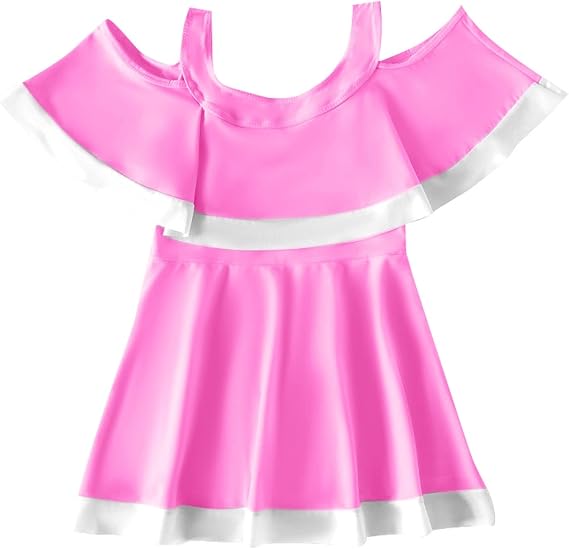 Kids Teen Girls Swimsuit One Piece Swim Dress Off Shoulder Skirted Bathing Suit Color Block Ruffle Swimwear Swimming Suit