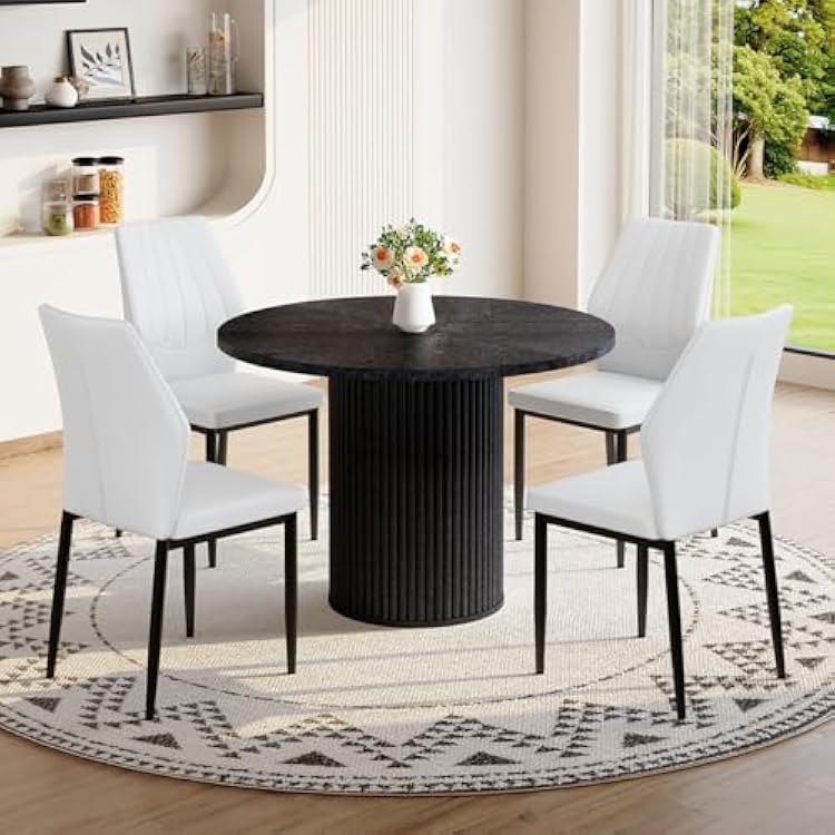 Round Dining Table Set for 4, Black Kitchen Table Set for 4 with 42 Wood Tabletop and Cylindrical Pedestal Base, Round Dining Set for 4 for Kitchen&Dining Room