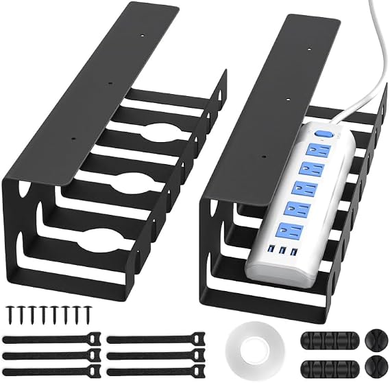 Delamu 2 Pack Metal Under Desk Cable Management Tray, U Channel Cord Organizer Box, Office Under Desk Cord Organizers, Cable Management with Various Accessories, Black, 15.75 Inches