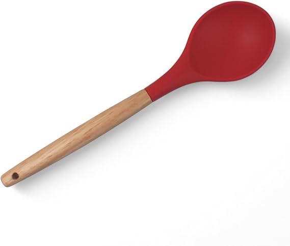Deconox Bambu Saplı Silikon Servis Kaşığı, Bambu Uzun Silikon Servi Kaşığı 28cm 3 Renk Seçenekli, Yemeklerinizi Servis Etmek İçin Silikon Servis Kaşığı (KIRMIZI)