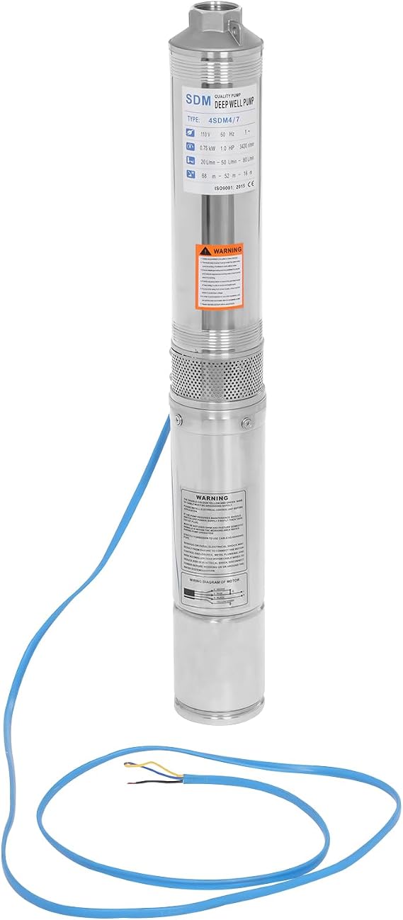 1HP Deep Well Pump 3420rpm 110V, 60Hz Stainless Steel Submersible Well Pump 223.1ft Head Well Water Pump for Irrigation, Industrial & Home Use