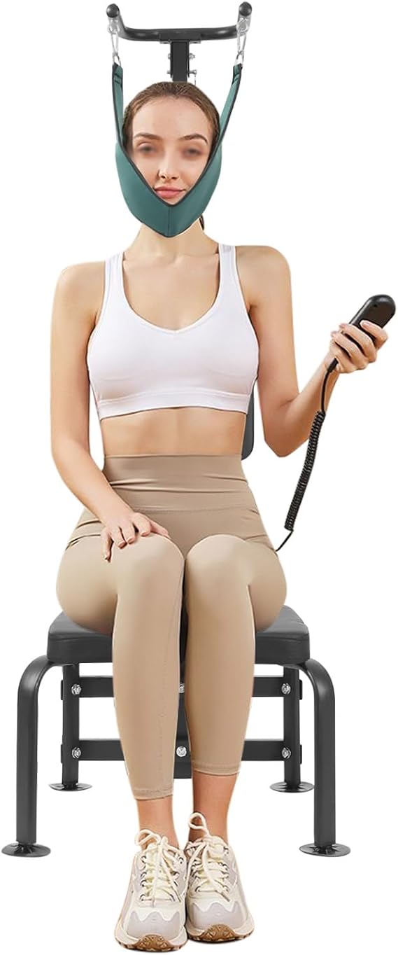 Neck Stretcher Exerciser, Electric Cervical Neck Traction Device Posture Corrector Device with Chair for Neck Pain Relief, Foldable Neck Stretching Training Machine for Home Use