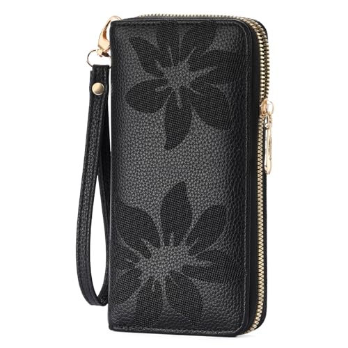 Wallet Women Leather RFID Blocking Wristlet wallets Ladies Clutch with Floral Pattern for Phone and Card