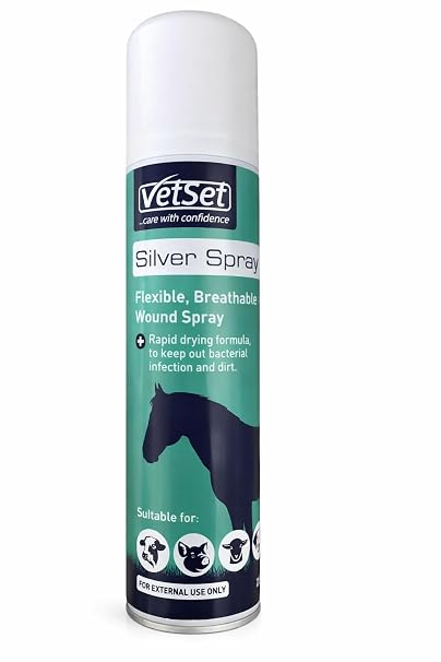 Silver Spray for Animal Wounds, Horses, Dogs & Livestock 250ml | Antiseptic aluminium coating for external wounds and abrasions; breathable protective barrier