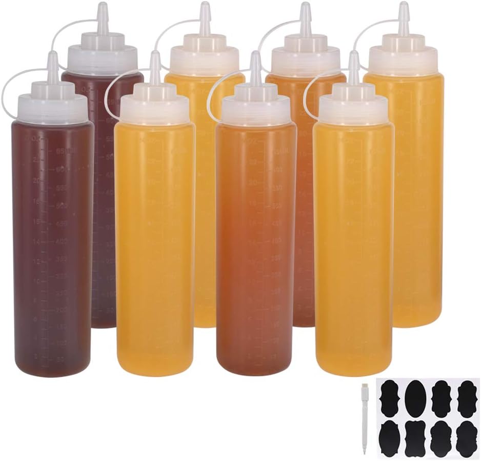 YBCPACK 8 Pack 24oz（700ml） Plastic Squeeze Squirt Condiment Bottle with Twist On Cap Lid & Label, Pen-Squeeze Sauce Bottle Dispenser for Condiment, Ketchup, Mayonnaise, Mustard, Hot Sauce, Olive Oil