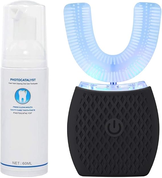 Ultrasonic U-Shaped Toothbrush for Adults, 360 Electric Sonic Toothbrush with Automatic Timer and Wireless Charging - Black (One Size)