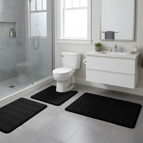 3 Piece Bath Mat Set,Bath and Toilet Mat Set,Machine Washable Super Absorbent Bath Floor Rug,Non Slip Bath Mats for Bathroom,Bedroom,Living Room,40x60+U50x60+50x80cm (Black)
