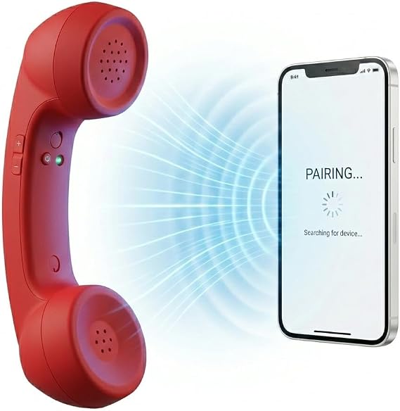 Wireless Retro Telephone Handset, Bluetooth Vintage Cell Phone Receiver with HD Microphone, Radiation Proof Cordless Phone Audio Earpiece for Mobile Phones and Computers (Red)