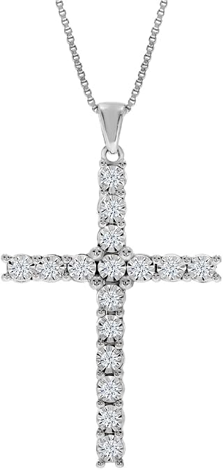 Diamond Cross Necklace for Women | 14K White Gold Plated Sterling Silver | 1/6 - 1 CT Lab Diamond Cross Pendant | Premium GH Color VS SI Clarity Diamonds | 16, 17, 18 Inch Adjustable Silver Chain