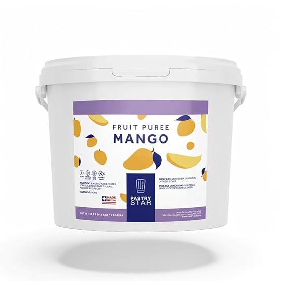 Pastry Star Mango Fruit Puree, 15 lb, Kosher Dairy, All-Natural Frozen Mango Blend, Vegan-Friendly, Non-GMO, Perfect for Pastry Chefs, Desserts, Beverages & Gourmet Sauces