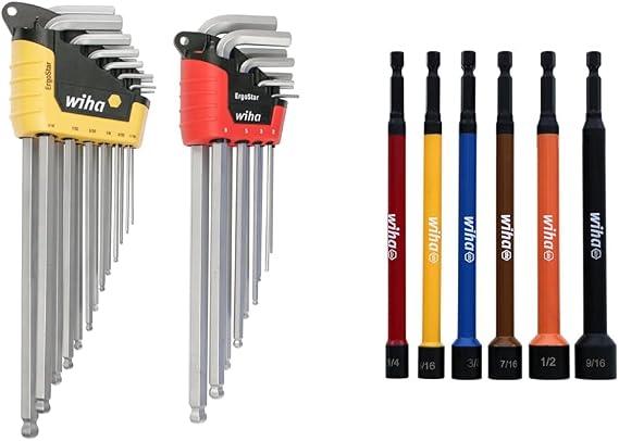 Wiha 66982 ErgoStar Ball End Hex L-Key, Inch and Metric, 22-Piece & 70486 | 6 Piece Color Coded Magnetic Nut Setter Set