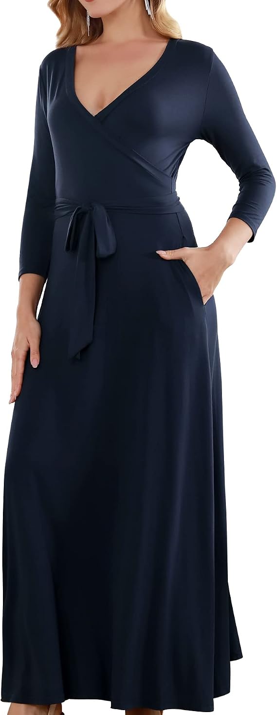 Aphratti Womens 3/4 Sleeve Faux Wrap Casual Fall Long Maxi Dress with Pockets