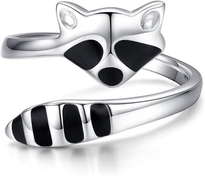 PRAYMOS Raccoon Ring for Women 925 Sterling Silver Adjustable Open Ring Size 4 5 6 7 8 9 10 11 12 Raccoon Jewelry Gifts