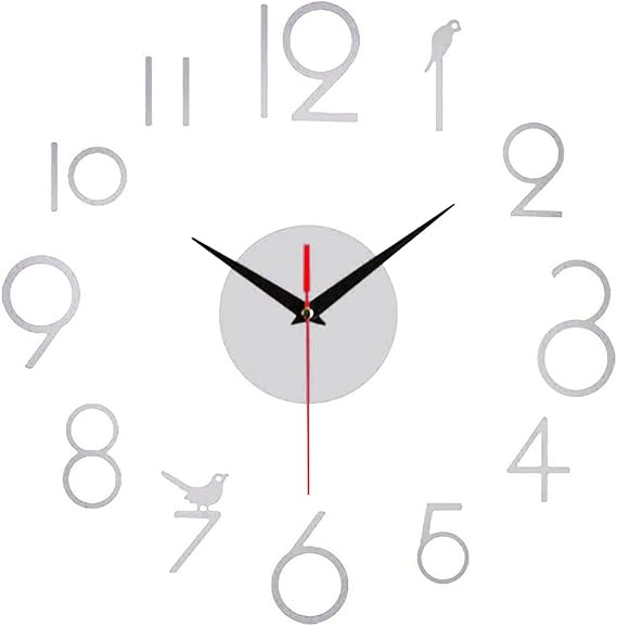 Eawfgtuw Modern DIY 3D Wall Clock, Number Stickers Home Decor, Silent Operation (Silver)