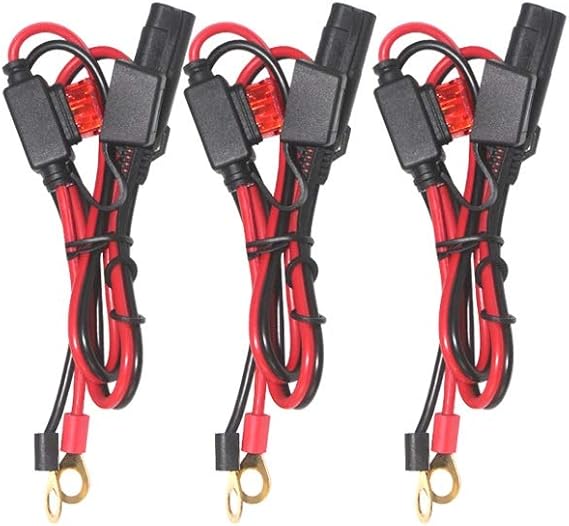 SPARKING 2FT Motorcycle Battery Charger Cord - SAE to O Ring Terminal Quick Disconnect Assembly Extension Cable, SAE 2Pin Wire Harness Reverse Polarity Adapter Port Accessory, 10A Fuse 3PACK-2FT